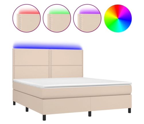 Cama box spring colchón LED cuero sintético capuchino 180x200cm