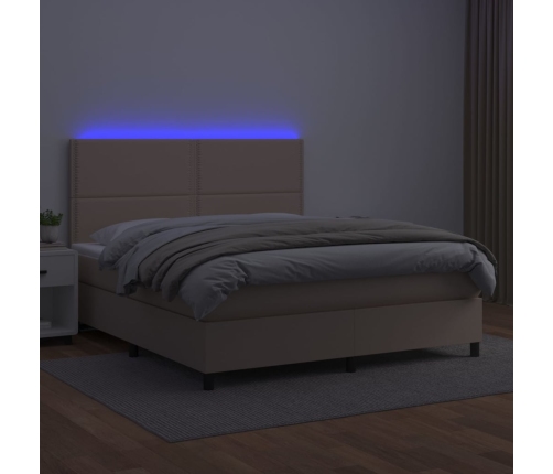 Cama box spring colchón LED cuero sintético capuchino 180x200cm