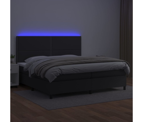 Cama box spring colchón y LED cuero sintético negro 200x200 cm