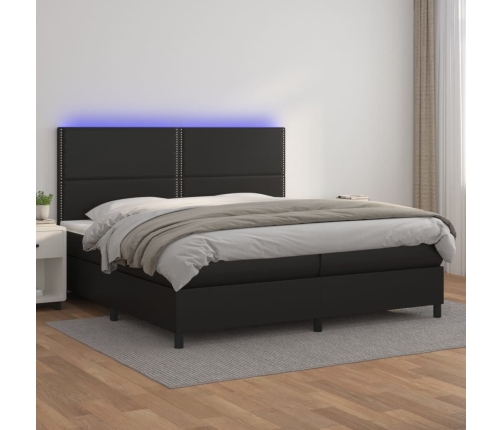 Cama box spring colchón y LED cuero sintético negro 200x200 cm