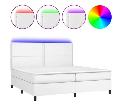 Cama box spring colchón y LED cuero sintético blanco 200x200 cm