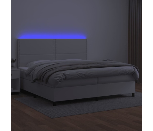 Cama box spring colchón y LED cuero sintético blanco 200x200 cm