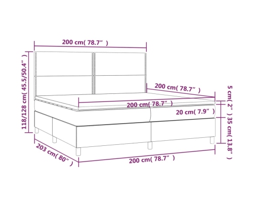 Cama box spring colchón y LED cuero sintético blanco 200x200 cm