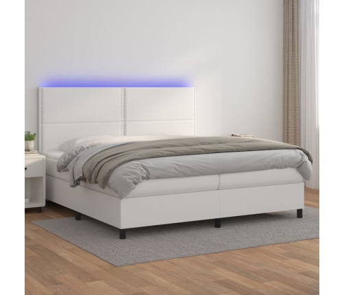 Cama box spring colchón y LED cuero sintético blanco 200x200 cm