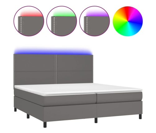 Cama box spring colchón y LED cuero sintético gris 200x200 cm