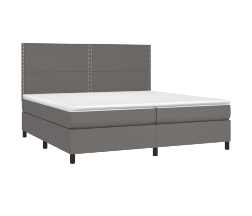 Cama box spring colchón y LED cuero sintético gris 200x200 cm