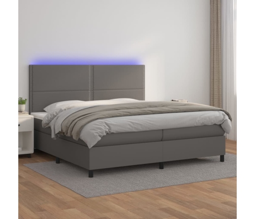 Cama box spring colchón y LED cuero sintético gris 200x200 cm