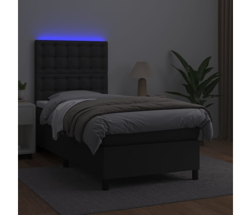 Cama box spring y colchón LED cuero sintético negro 80x200 cm