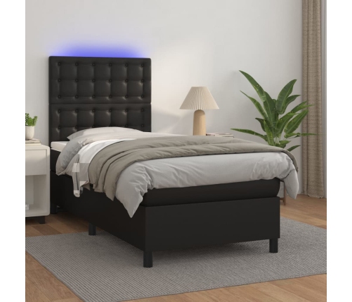 Cama box spring y colchón LED cuero sintético negro 80x200 cm