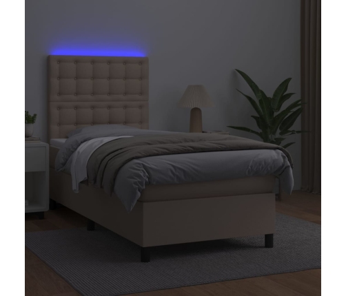 Cama box spring colchón LED cuero sintético capuchino 80x200 cm