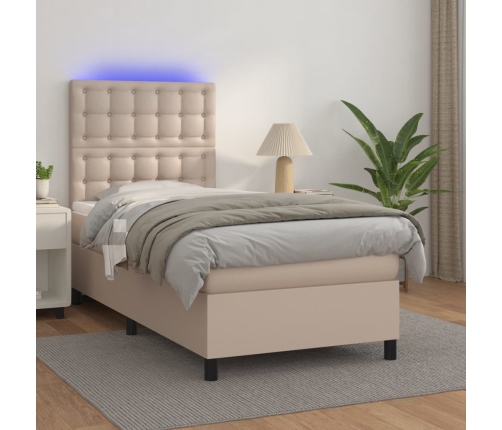 Cama box spring colchón LED cuero sintético capuchino 80x200 cm