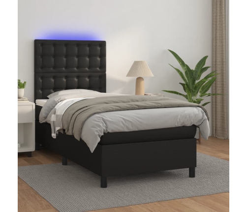 Cama box spring y colchón LED cuero sintético negro 90x190 cm