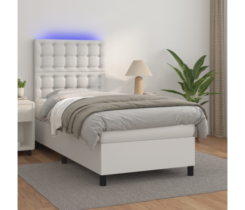 Cama box spring y colchón LED cuero sintético blanco 90x190 cm