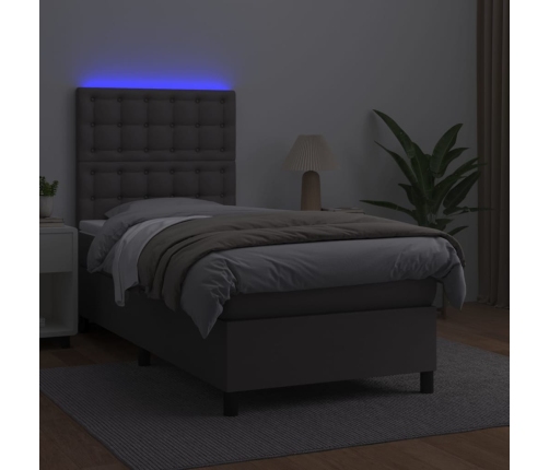 Cama box spring y colchón LED cuero sintético gris 90x190 cm