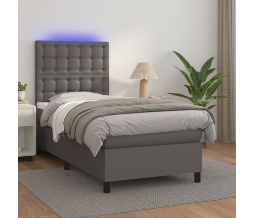 Cama box spring y colchón LED cuero sintético gris 90x190 cm