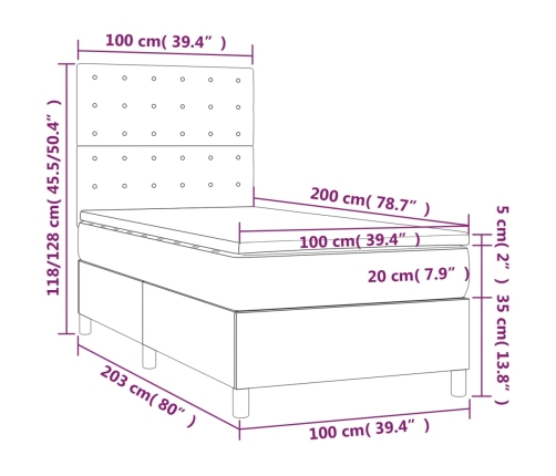 Cama box spring colchón y LED cuero sintético blanco 100x200 cm