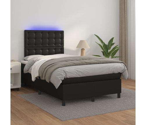 Cama box spring colchón y LED cuero sintético negro 120x200 cm