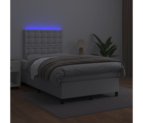 Cama box spring colchón y LED cuero sintético blanco 120x200 cm