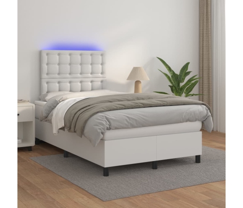 Cama box spring colchón y LED cuero sintético blanco 120x200 cm