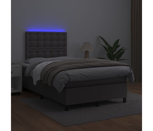 Cama box spring colchón y LED cuero sintético gris 120x200 cm