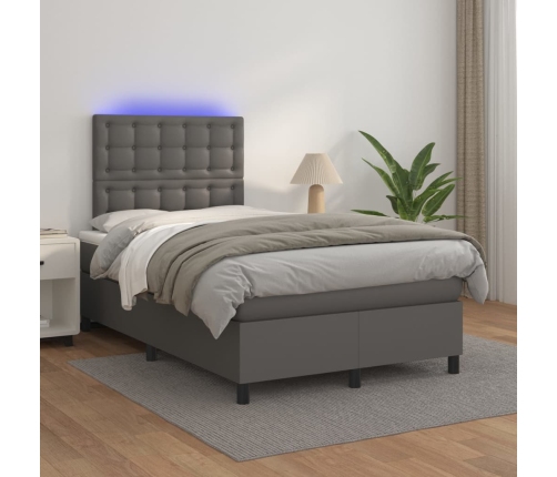 Cama box spring colchón y LED cuero sintético gris 120x200 cm