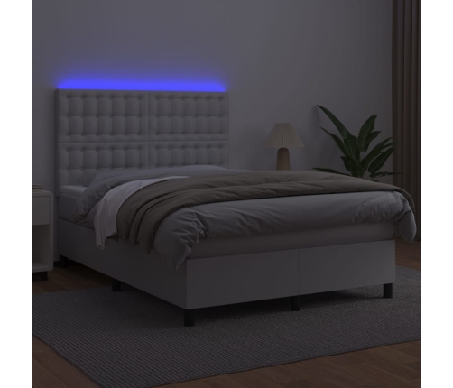 Cama box spring colchón y LED cuero sintético blanco 140x190 cm