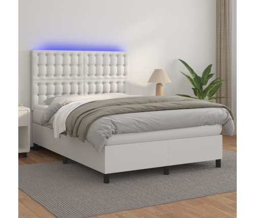 Cama box spring colchón y LED cuero sintético blanco 140x190 cm