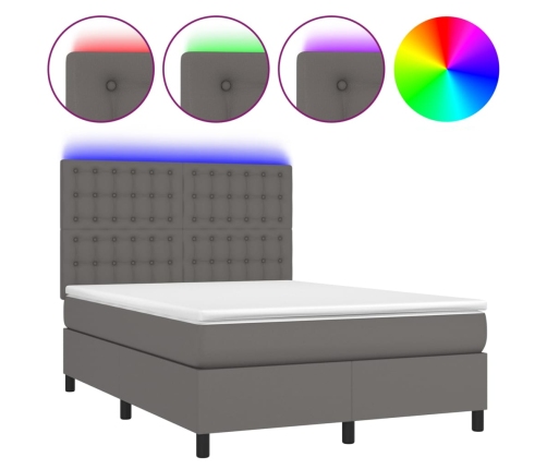 Cama box spring colchón y LED cuero sintético gris 140x190 cm