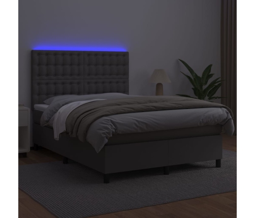 Cama box spring colchón y LED cuero sintético gris 140x190 cm