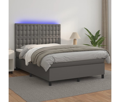 Cama box spring colchón y LED cuero sintético gris 140x190 cm