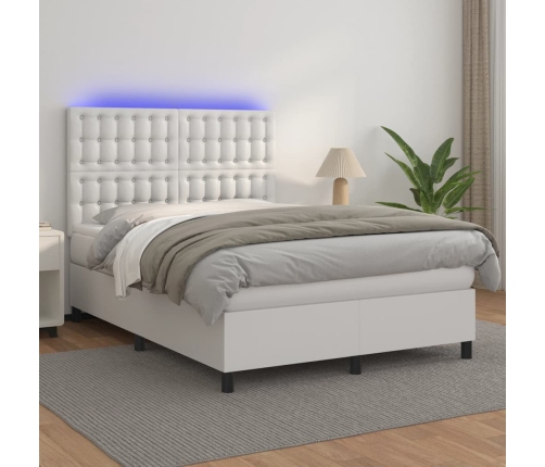 Cama box spring colchón y LED cuero sintético blanco 140x200 cm