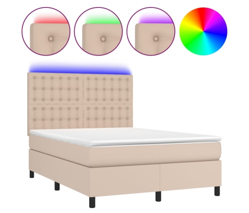 Cama box spring colchón LED cuero sintético capuchino 140x200cm