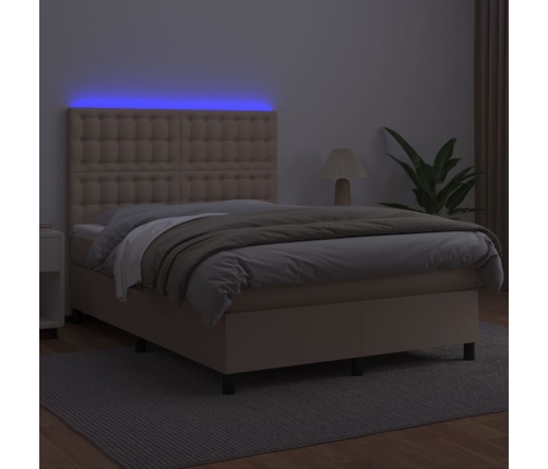 Cama box spring colchón LED cuero sintético capuchino 140x200cm