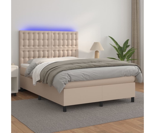 Cama box spring colchón LED cuero sintético capuchino 140x200cm