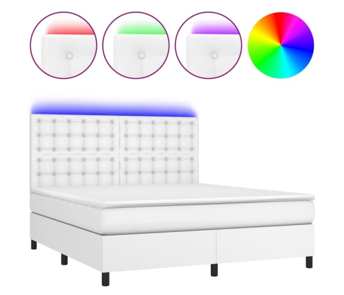 Cama box spring colchón y LED cuero sintético blanco 160x200 cm