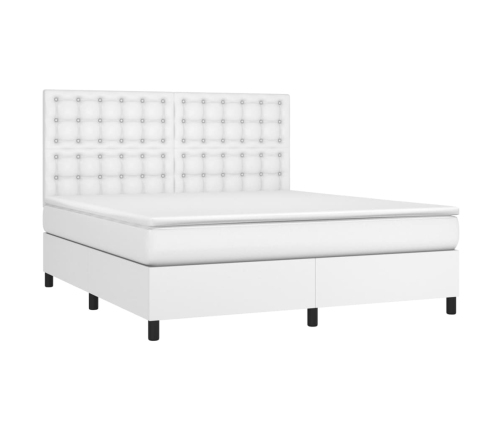 Cama box spring colchón y LED cuero sintético blanco 160x200 cm