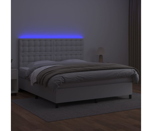 Cama box spring colchón y LED cuero sintético blanco 160x200 cm