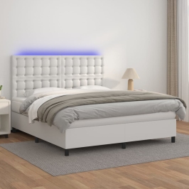 Cama box spring colchón y LED cuero sintético blanco 160x200 cm