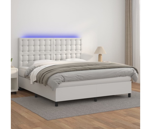 Cama box spring colchón y LED cuero sintético blanco 160x200 cm