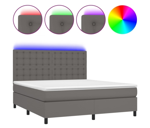 Cama box spring colchón y LED cuero sintético gris 160x200 cm