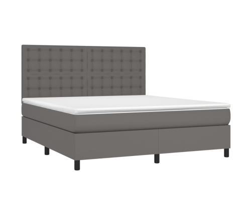 Cama box spring colchón y LED cuero sintético gris 160x200 cm