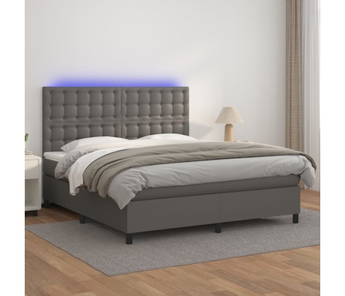 Cama box spring colchón y LED cuero sintético gris 160x200 cm