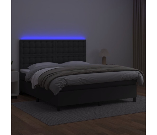 Cama box spring colchón y LED cuero sintético negro 180x200 cm