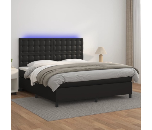 Cama box spring colchón y LED cuero sintético negro 180x200 cm