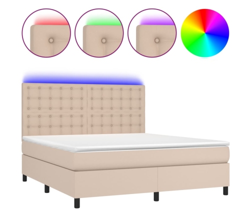 Cama box spring colchón LED cuero sintético capuchino 180x200cm