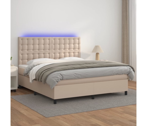 Cama box spring colchón LED cuero sintético capuchino 180x200cm