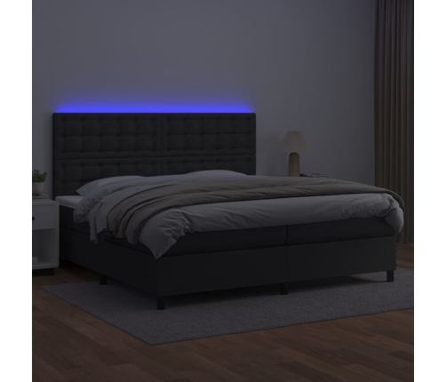 Cama box spring colchón y LED cuero sintético negro 200x200 cm