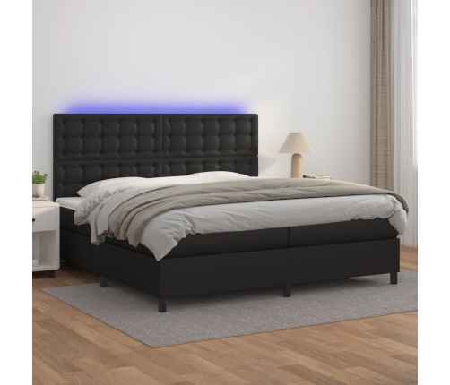 Cama box spring colchón y LED cuero sintético negro 200x200 cm