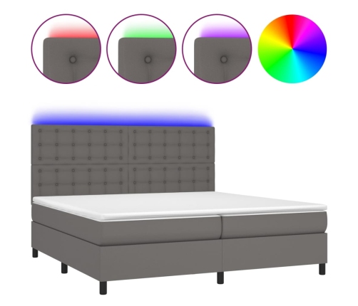 Cama box spring colchón y LED cuero sintético gris 200x200 cm