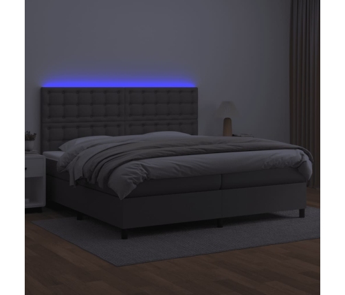 Cama box spring colchón y LED cuero sintético gris 200x200 cm